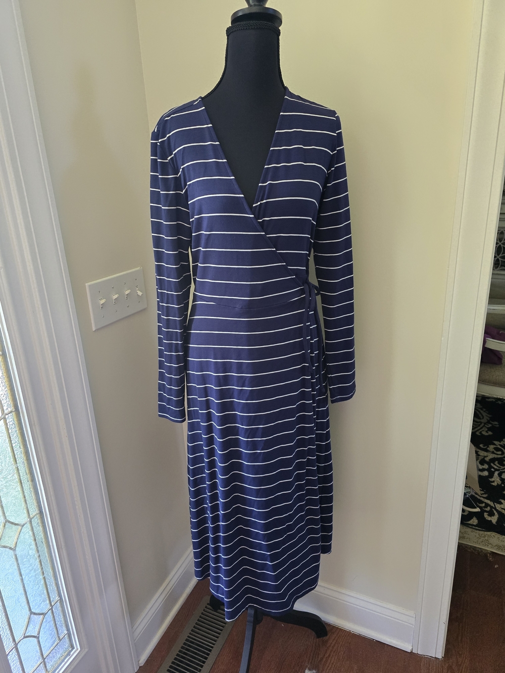 Old Navy Navy and White Striped Wrap-Style Long Sleeve Dress